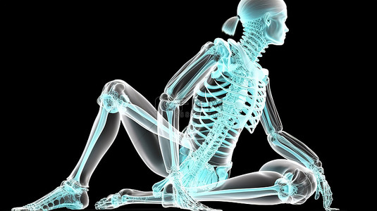 突出显示 3D 女性医学人物表演瑜伽劈叉的脊柱