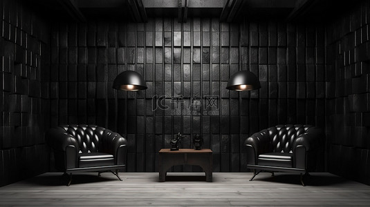黑卧室背景图片_现代工业卧室配有黑色金属装饰和 3D 渲染皮革家具