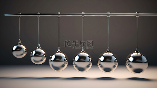 金属标题框背景图片_具有平衡摆和阴影背景的银色金属球牛顿摇篮的独立 3D 渲染