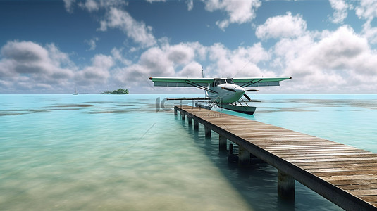 天堂旅游背景图片_热带天堂 3d 渲染的水上飞机停靠在沙滩码头的尽头