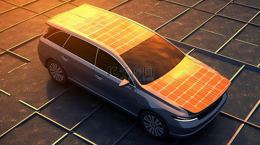 生态友好型车辆和可再生能源面板 3D 渲染和插图
