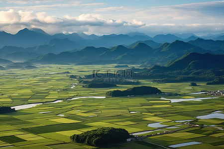 清楚背景图片_稻田和山脉的鸟瞰图