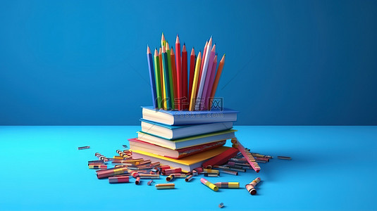 蓝色背景，配有 3D 书籍和一支铅笔，描绘教育概念