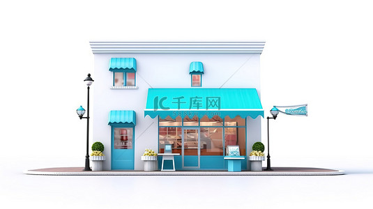 小型精品店独立建筑在 3D 渲染的空白白色画布上
