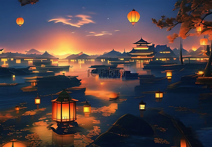 唯美七夕背景图片_孔明灯清明节插画落日浪漫