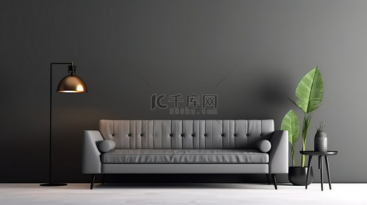 落地灯沙发背景图片_简约时尚的 3D 渲染，配有灰色墙壁沙发和咖啡桌的简约生活空间