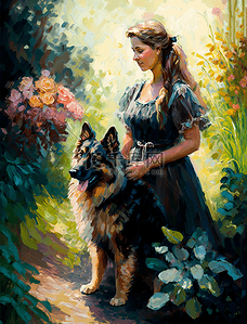 花卉植物花园女人与狼狗浪漫梦幻油画装饰画背景