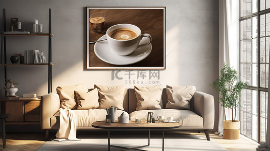 装饰精美的客厅的 3D 插图，配有舒适的家具和空海报