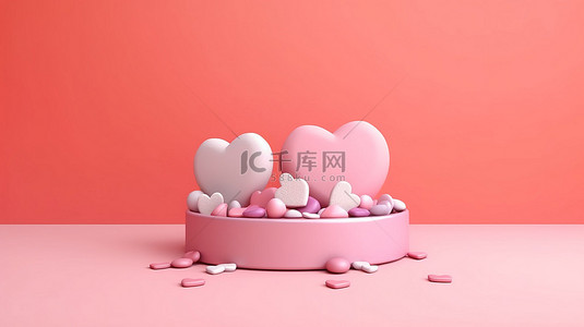 粉红色海报背景图片_欢乐的情人节，在以 3D 和垂直方向呈现的柔和粉红色背景上浪漫地展示心形