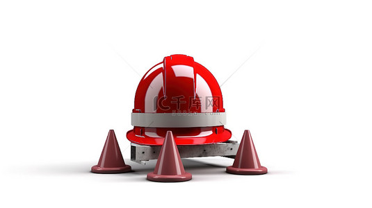 施工工地背景背景图片_红色安全头盔和路标 3D 渲染正在进行的建设项目的孤立图像