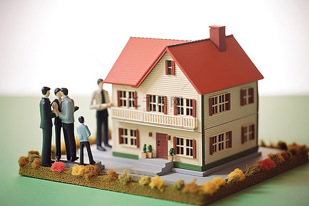 模型房子背景图片_人们站在比例模型房子前，上面挂着待售的标志