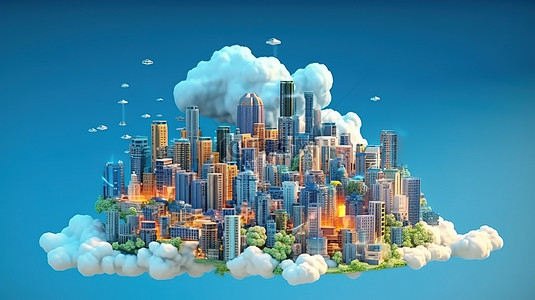 通信技术云与城市建筑交叉点的 3D 渲染