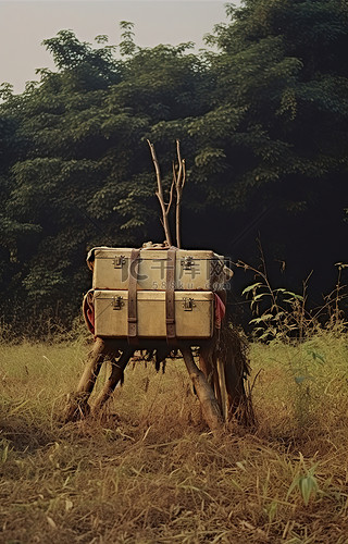 田野中央的一个旧木箱
