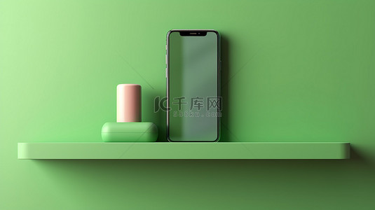 手机绿色背景背景图片_水平横幅中带有手机的绿色墙架的 3D 插图