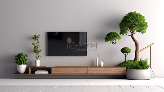 带有小植物的时尚电视机，适合现代办公室和家庭的简约设计3D 渲染