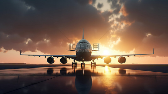飞机出差背景图片_一架商用飞机在美丽的日落中起飞的令人惊叹的 3D 插图