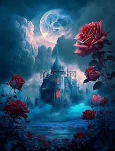 浪漫梦幻城堡玫瑰夜晚星空油画装饰画背景