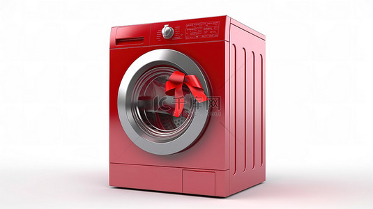 洗衣背景图片_现代洗衣机上带有红丝带服务标志的白色背景的 3D 渲染