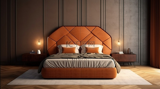 床和被子背景图片_装饰艺术风格的豪华床，配有木质镶木床头板和被子，现代棕色卧室 3D 渲染