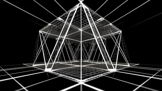几何 3D 渲染设计，具有三角形线框结构和大胆的黑白方块