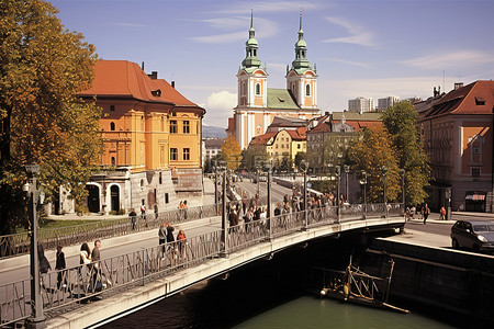 欧洲背景图片_斯洛文尼亚一座城市桥上的桥