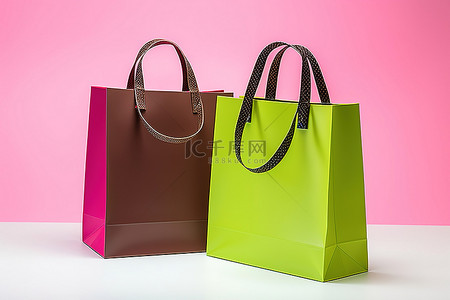 粉色购物包背景图片_两个颜色鲜艳的纸购物袋用于携带物品