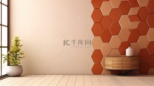 六角形赤土陶器和米色瓷砖客厅内部舒适的角落，墙壁装饰空间可用于 3D 创建的文本