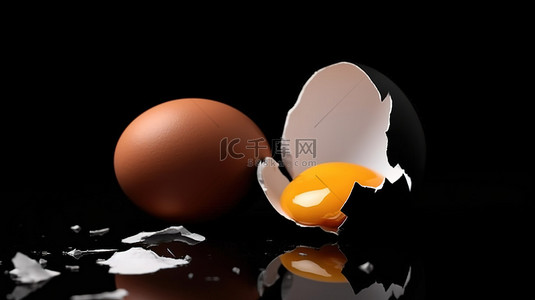 黑暗背景 3d 渲染上的鸡蛋碎片