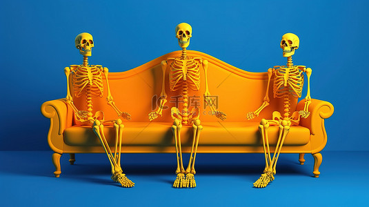 躺下背景图片_三个蓝色骷髅在黄色背景下躺在橙色沙发上的生动 3D 描绘