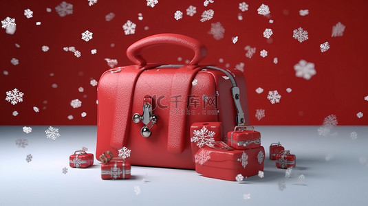 外国志愿者背景图片_3D 渲染一个红色袋子的插图，里面有雪花钱和圣诞节和新年庆祝礼物