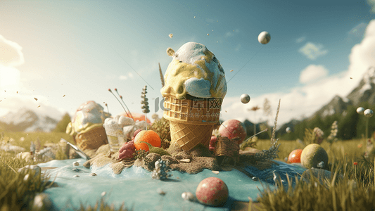 雪糕草莓背景图片_甜品冰淇淋草地创意背景