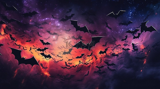 满月和黑夜中的蝙蝠怪异的 3D 万圣节横幅