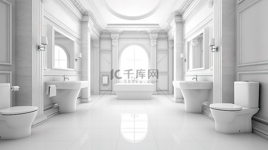 广阔视角背景图片_宽敞豪华浴室的 3D 渲染，对厕所设计具有广阔的视角