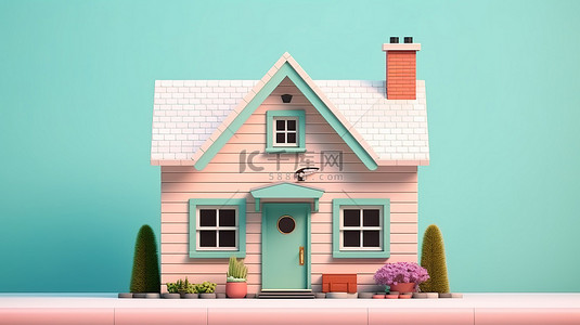 卡通风格 3D 渲染中迷人的柔和彩色小房子