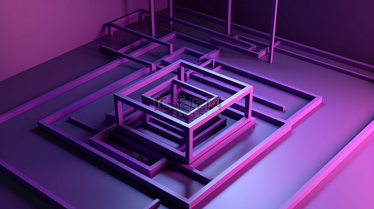 迷宫中的紫色和银色 3d 形状