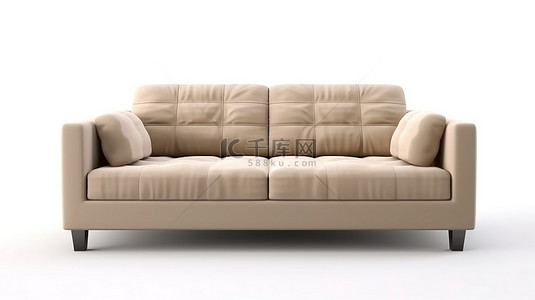 白色背景上的当代米色沙发前视图展示现代家具，具有 3D 渲染和阴影效果