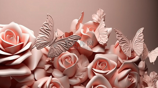 以极简主义抽象背景为特色的数字插图，装饰着蝴蝶和玫瑰图案