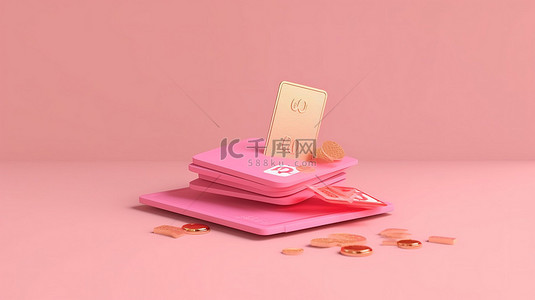 省钱节背景图片_现代支付方式数字交易信用卡和钱包堆放在充满活力的粉红色背景上，说明在线支付和省钱