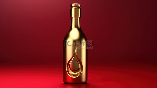 酒标背景图片_标志性酒瓶 3D 在红色哑光板上以金色呈现社交媒体符号