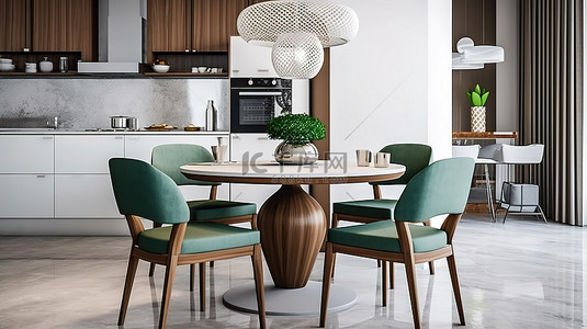 现代厨房内饰，配有时尚的圆形餐桌四把椅子和上面的 3D 优雅吊灯
