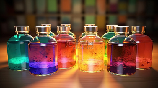 用于科学实验和细菌学研究 3D 渲染的化学容器中的各种彩色液体