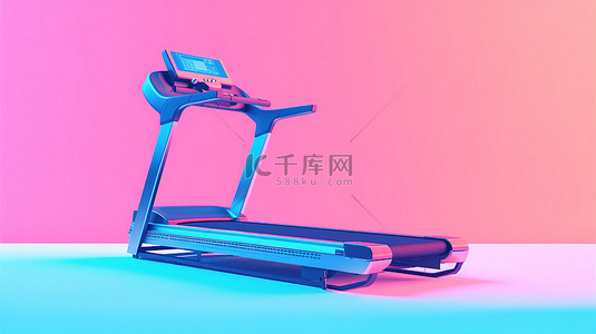 粉红色背景健身跑步机，配有蓝色跑步机，采用 3D 渲染的双色调风格