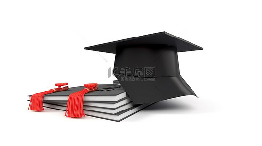 白色背景下靠在信用卡上的毕业帽的 3D 渲染