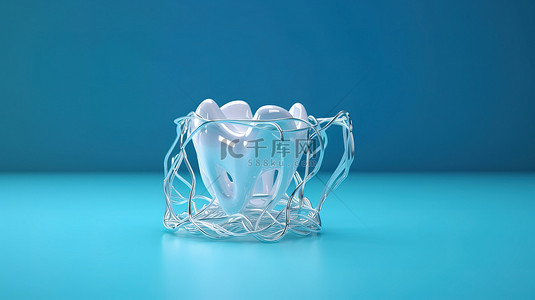 牙齿蓝色背景背景图片_蓝色背景的 3D 渲染，用牙线清洁牙齿