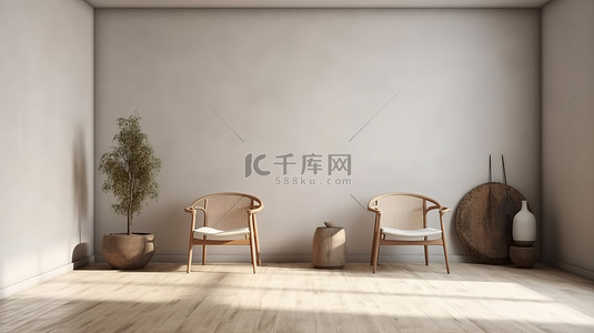 家居家具装饰背景图片_别致的室内设计椅子在 3D 渲染中装饰极简主义的墙壁