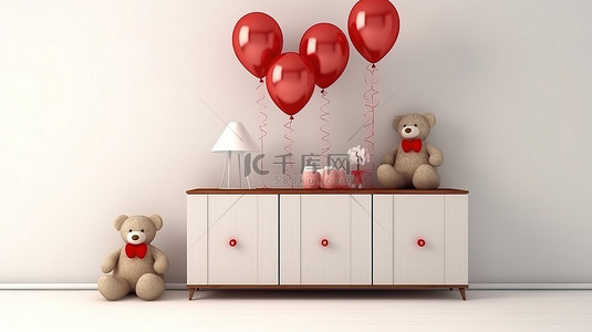 小木柜子背景图片_3D 渲染插图，可爱的泰迪熊填满白色柜子，旁边还有充满活力的红色气球