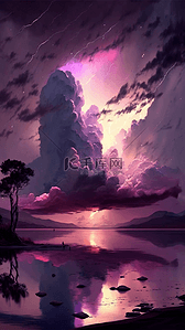 湖水背景图片_梦幻湖水云朵倒影紫色背景