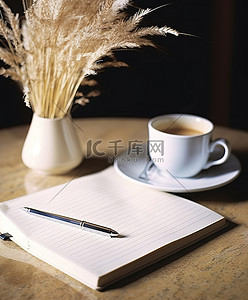 桌子上放着一本日记和一杯咖啡