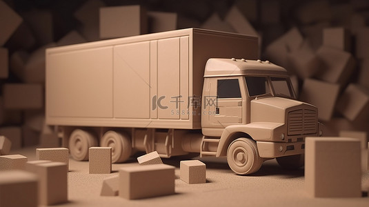3D 渲染卡车从棕色盒子中出现，可视化交付和物流概念