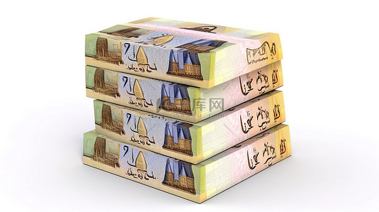 5 埃及镑纸币在白色背景上的 3D 渲染